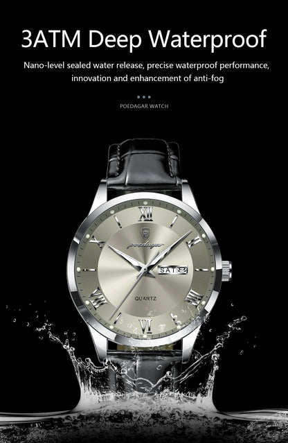 POEDAGAR Business Brand Men Clock Waterproof Luminous Date Week Fashion Man Wristwatch Leather Luxury Men's Quartz Watches Reloj Beauty World Shop