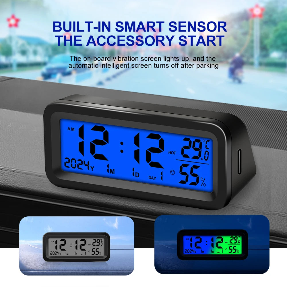 LCD Digital Car Clock Solar Power Temperature Humidity Gauge Backlight Automobiles Dashboard Clock Car Internal Accessories Beauty World Shop