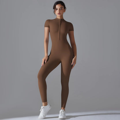 Naked zipper short sleeved yoga suit jumpsuit, quick drying breathable outdoor sports tight fitting jumpsuit, fitness suit Beauty World Shop
