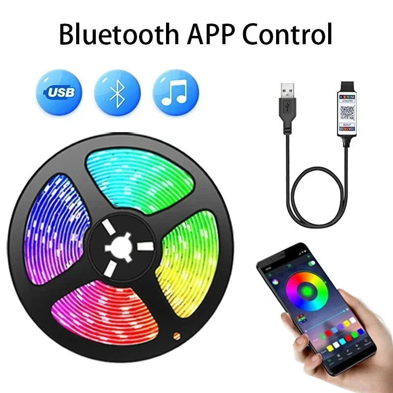 Bluetooth USB 5V RGB LED Strip Light 5050 Controller 5M Flexible Diode Lamp Tape Lights TV Background Lighting Desk Room Decor Beauty Fashion