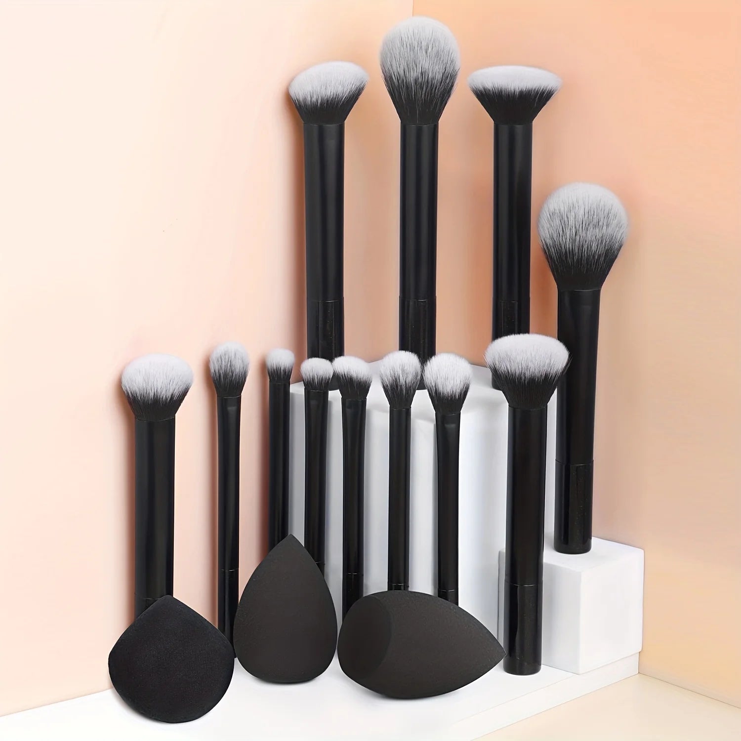 12-Piece Classic Full Makeup Brush Set with Angled and Teardrop Blenders, 1 Powder Puff - Professional Application Tools, Nylon Beauty World Shop