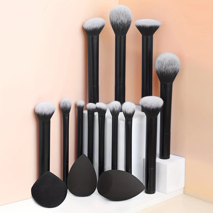 12-Piece Classic Full Makeup Brush Set with Angled and Teardrop Blenders, 1 Powder Puff - Professional Application Tools, Nylon Beauty World Shop