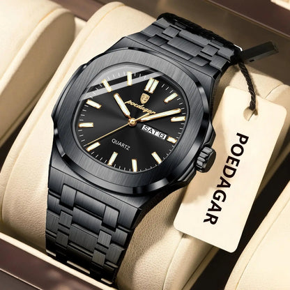 POEDAGAR Square Luxury Men's Wristwatch Luminous Waterproof Stainless Steel Male Clock Week Date Original Quartz Watches For Men Beauty World Shop