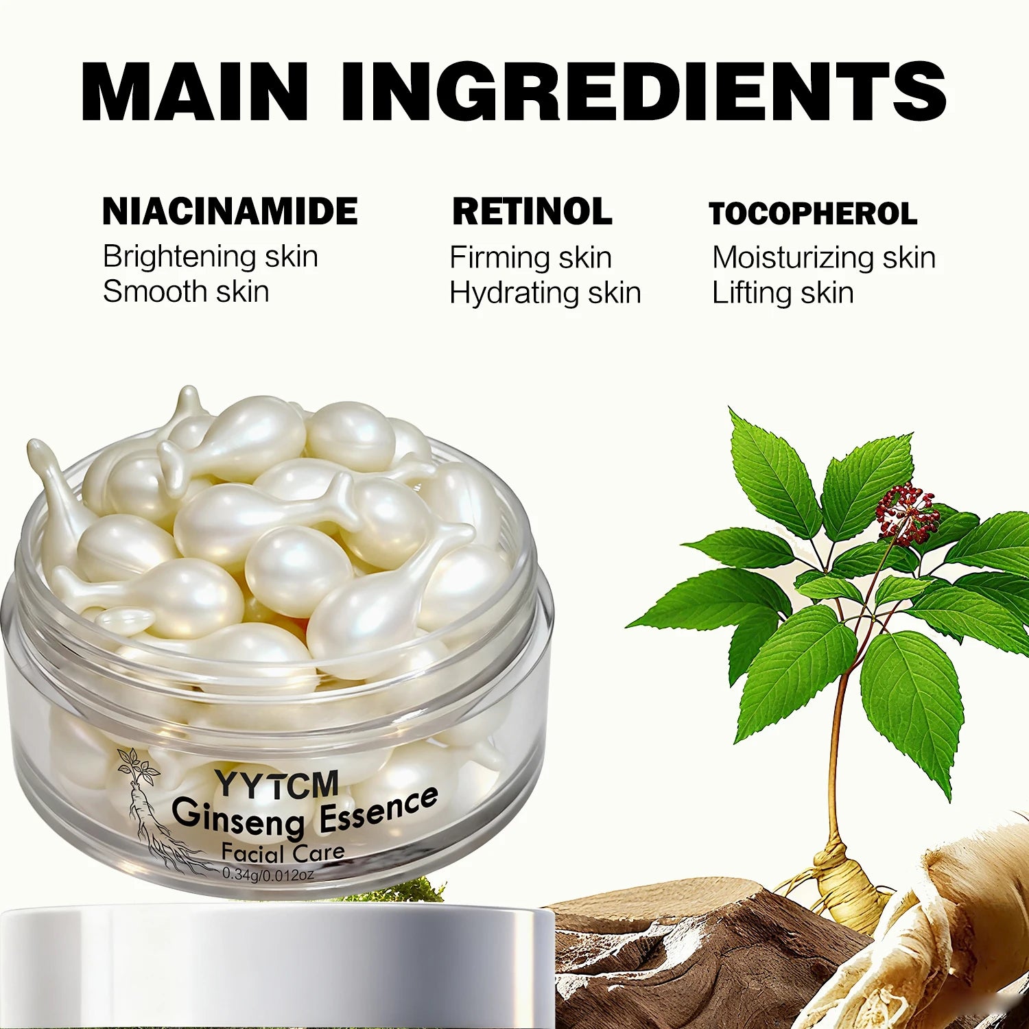 Ginseng Essence Capsules, Moisturizing and Firming Essence Serum, Contains Squalane, Niacinamide, Vitamin E, Retinol, Deep Hydration (0.34Gx30 Capsules)/Bottle-1 Bottle Beauty World Shop