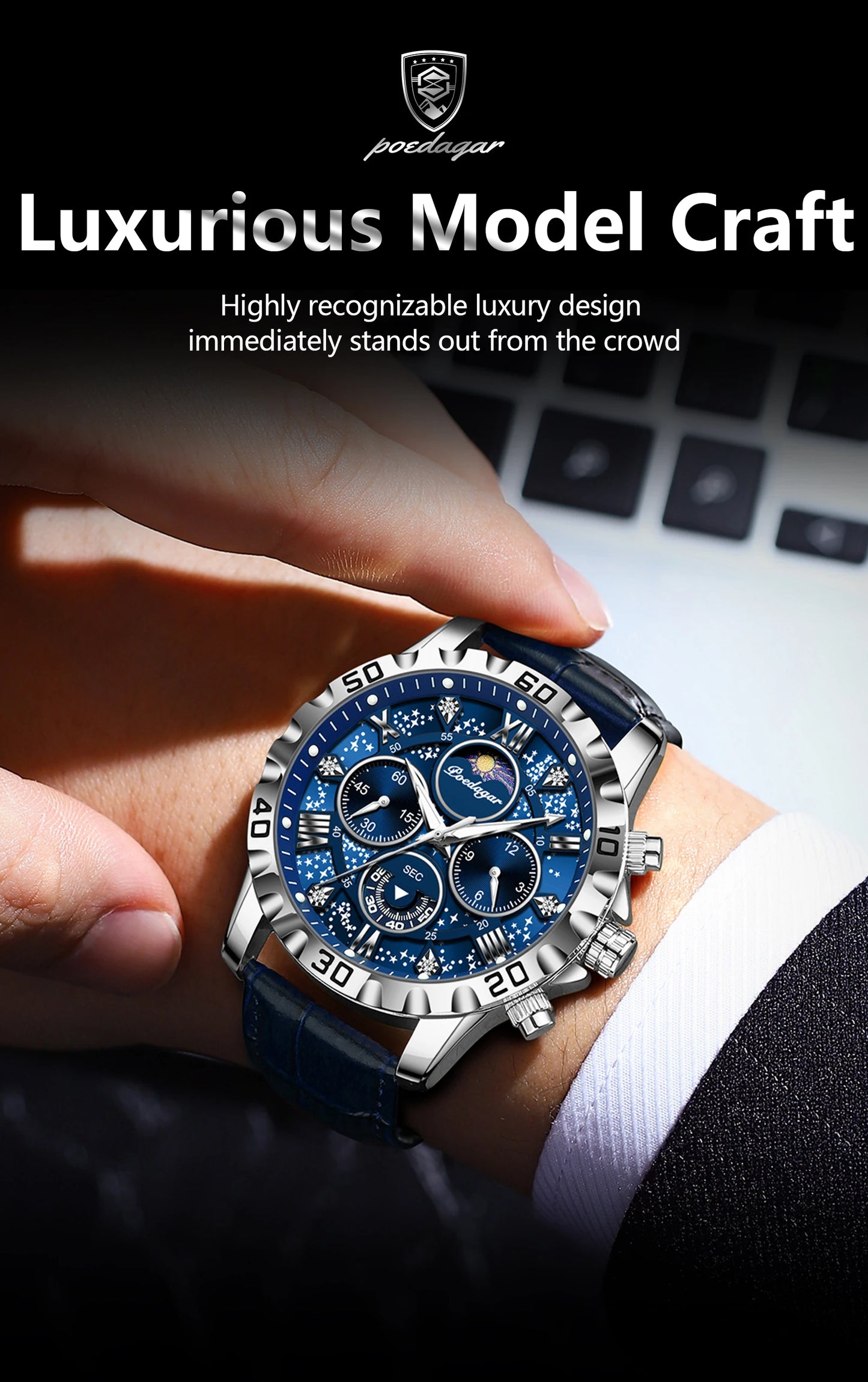 POEDAGAR Top Functional Luxury Man Wristwatch Waterproof Luminous Chronograph Leather Sports Watches For Men Quartz Men's Watch Beauty World Shop