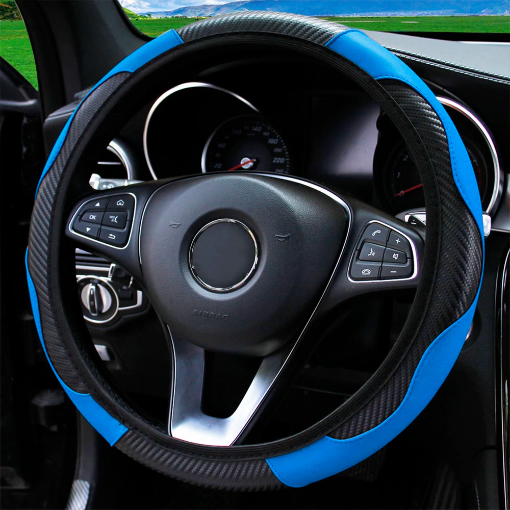 PU Carbon Fiber Leather Car Steering Wheel Cover without Inner Ring Suitable for 14.5-15 Inches of Automotive Supplies Beauty World Shop