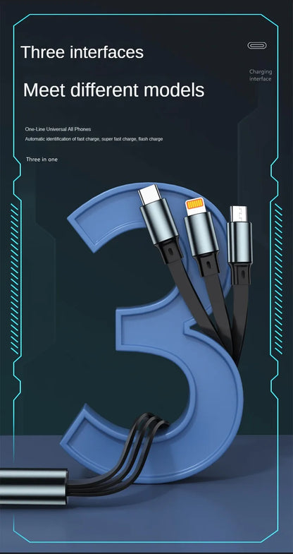 3 In 1 Retractable USB 100W Cable Fast Charging And Data Micro USB Type C For iphone6-14 Android Phone Xiaomi Huawei OPPO Beauty World Shop