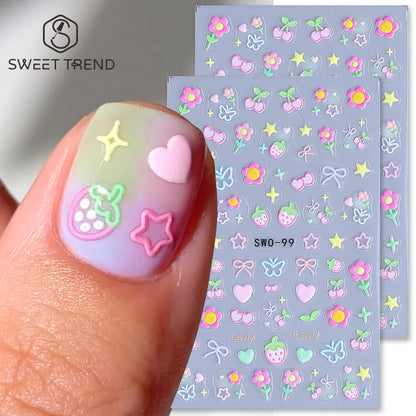 2pcs Sweet Element Nail Art Stickers Simple Flower Heart Cherry Strawberry Kawaii Decals Colorful Bow Butterfly Manicure Sliders Beauty World Shop
