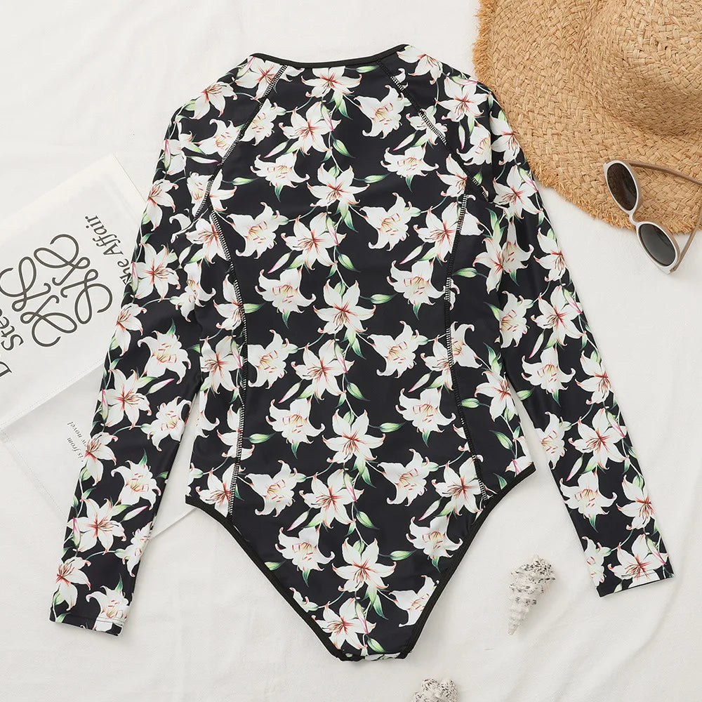 2026 Surfing Sport Swimsuit Long Sleeves Women One Piece Swimsuit  Swimwear Solid Monokini Bathing Suit Tropical Bodysuit Female Beauty World Shop