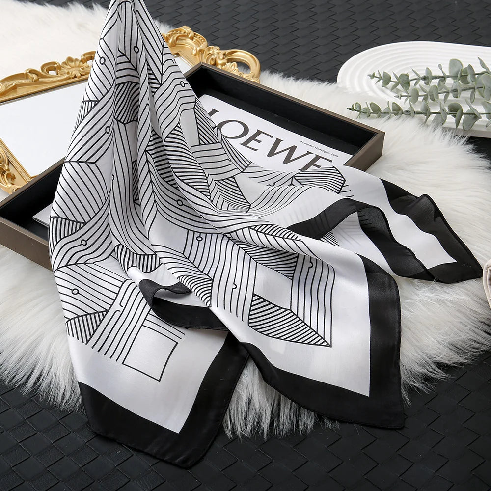 68cm Striped Geometric Pattern Silk Scarf for Women Imitation Silk Fresh and Versatile Headwear Clothing Square Scarf Beauty World Shop