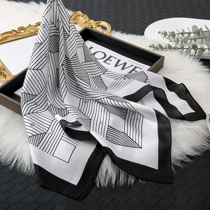 68cm Striped Geometric Pattern Silk Scarf for Women Imitation Silk Fresh and Versatile Headwear Clothing Square Scarf Beauty World Shop