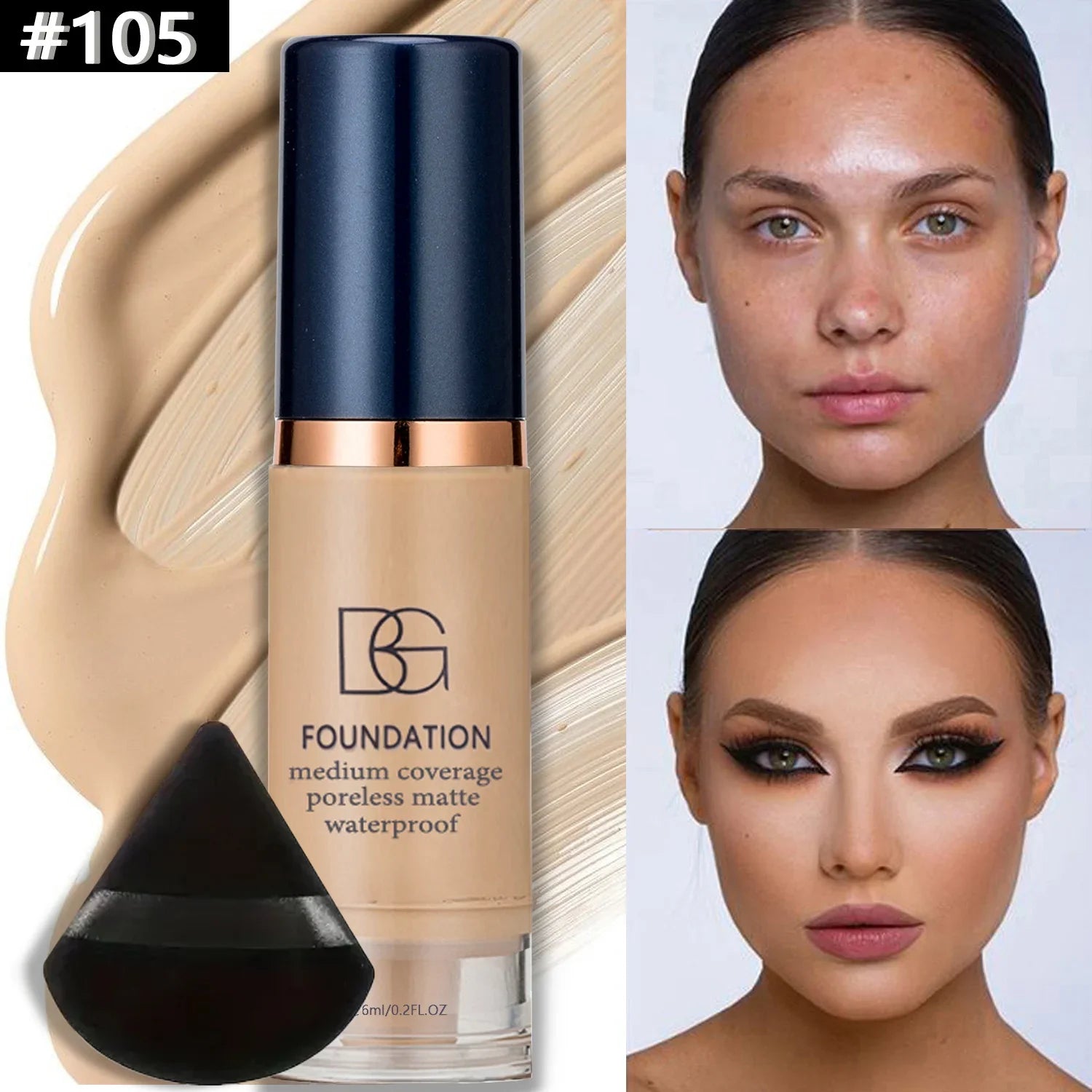 2Pcs Full Coverage Waterproof Liquid Foundation&Black Triangular Powder Puff-LongLasting Matte Finish Dark Circle&Blemish Cover Beauty World Shop