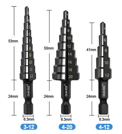 3Pcs HSS Straight Groove Step Drill Bit 3-12mm 4-12mm 4-20mm Nitride Black Hex Wood Metal Hole Cutter Core Drilling Tools Set Beauty World Shop