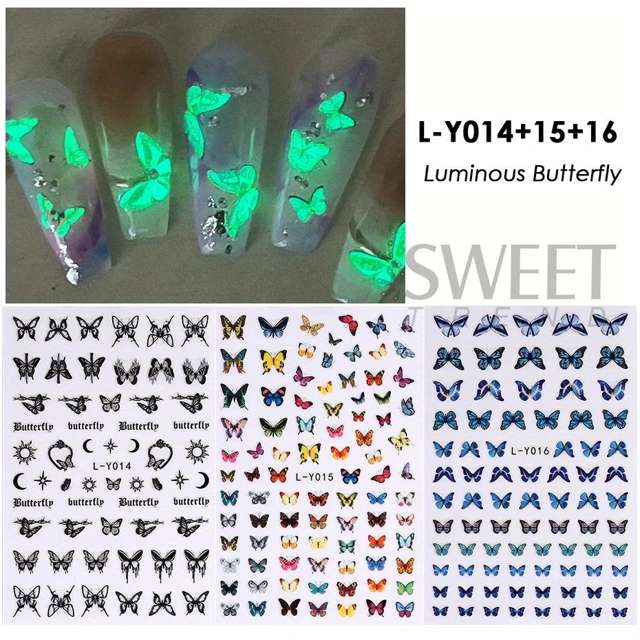 3pcs Luminous Butterfly Nail Decal Stickers Colorful Blue Butterfly Series Design Glow In The Dark Night Polish Sliders Manicure Beauty World Shop