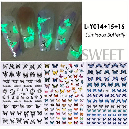 3pcs Luminous Butterfly Nail Decal Stickers Colorful Blue Butterfly Series Design Glow In The Dark Night Polish Sliders Manicure Beauty World Shop