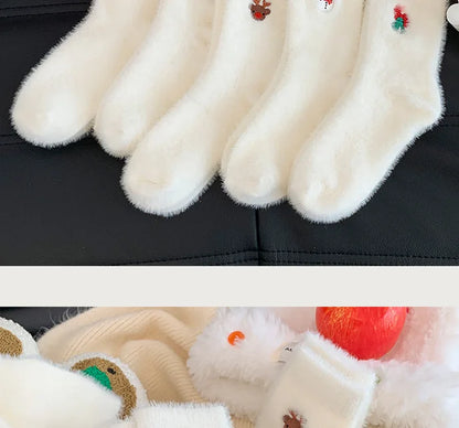 Autumn And Winter Socks, White Mink Fur Christmas Socks, Snowman Santa Claus Christmas Tree Elements, Thickened Warm Socks Beauty World Shop