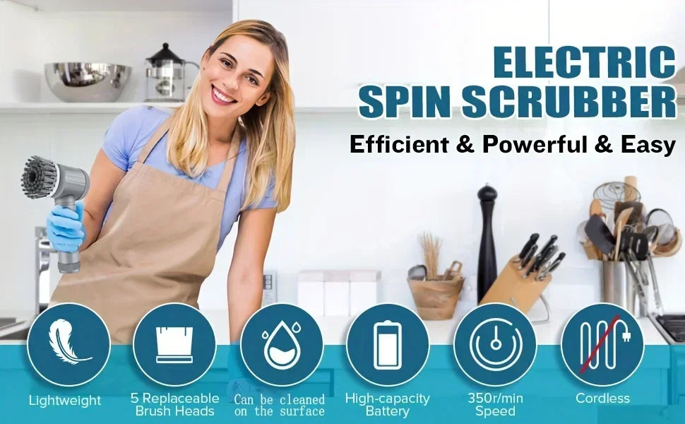 Electric Spin Scrubber, Bathroom Cordless Cleaning Brush Power Scrubber with 5 Replaceable Brush Heads, Electric Cleaning Brush Beauty World Shop