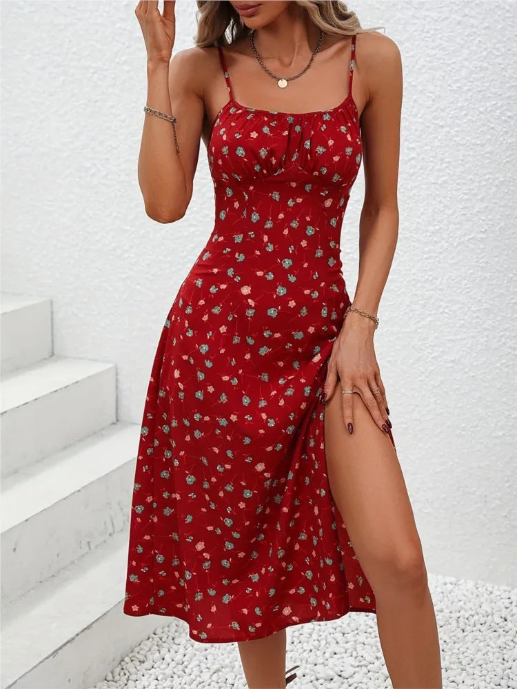New Summer Sexy Spaghetti Straps Dress Women Fashion Polka Dot Print Sleeveless Slit Dress Boho Casual Beach Midi Dresses Beauty World Shop