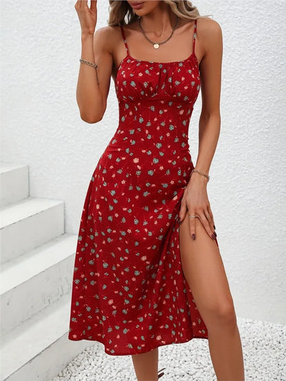 New Summer Sexy Spaghetti Straps Dress Women Fashion Polka Dot Print Sleeveless Slit Dress Boho Casual Beach Midi Dresses Beauty World Shop
