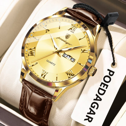 POEDAGAR Business Brand Men Clock Waterproof Luminous Date Week Fashion Man Wristwatch Leather Luxury Men's Quartz Watches Reloj Beauty World Shop
