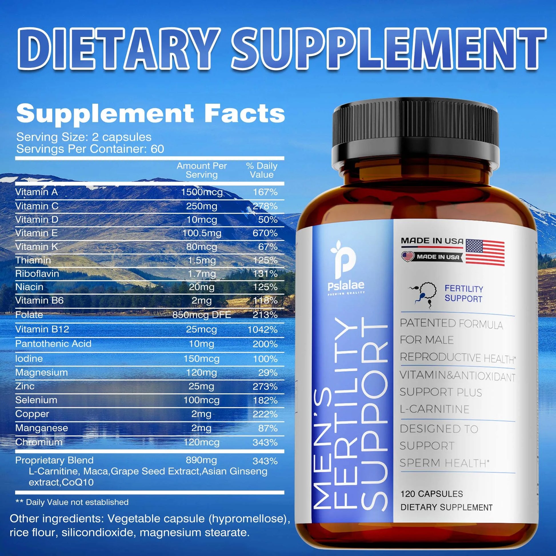 Men's Fertility Support, Ginseng, Multivitamins, Multiminerals, L-Carnitine, Maca, Niacin, Chromium - 120 Capsules Beauty World Shop