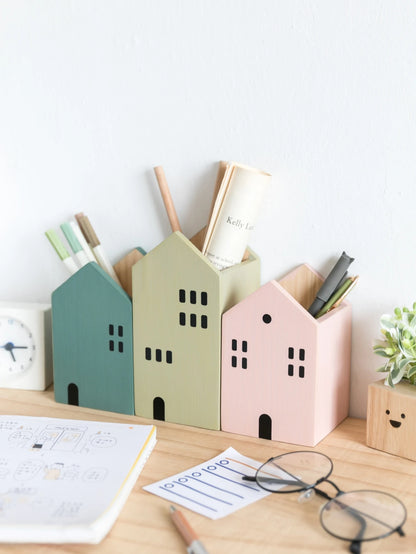 Cartoon House Wooden Pen Holder Pencil container Makeup Brush Stationery storage box Student/ Office Desktop Storage Organiser Beauty World Shop