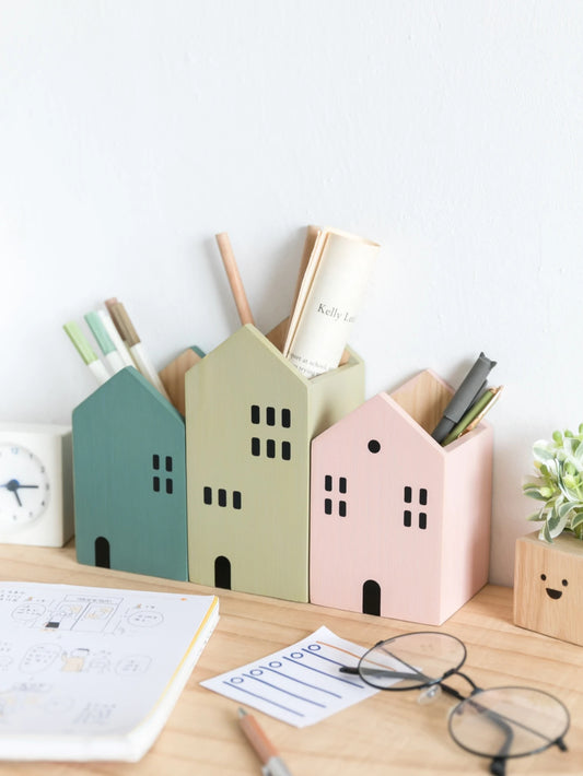 Cartoon House Wooden Pen Holder Pencil container Makeup Brush Stationery storage box Student/ Office Desktop Storage Organiser Beauty World Shop