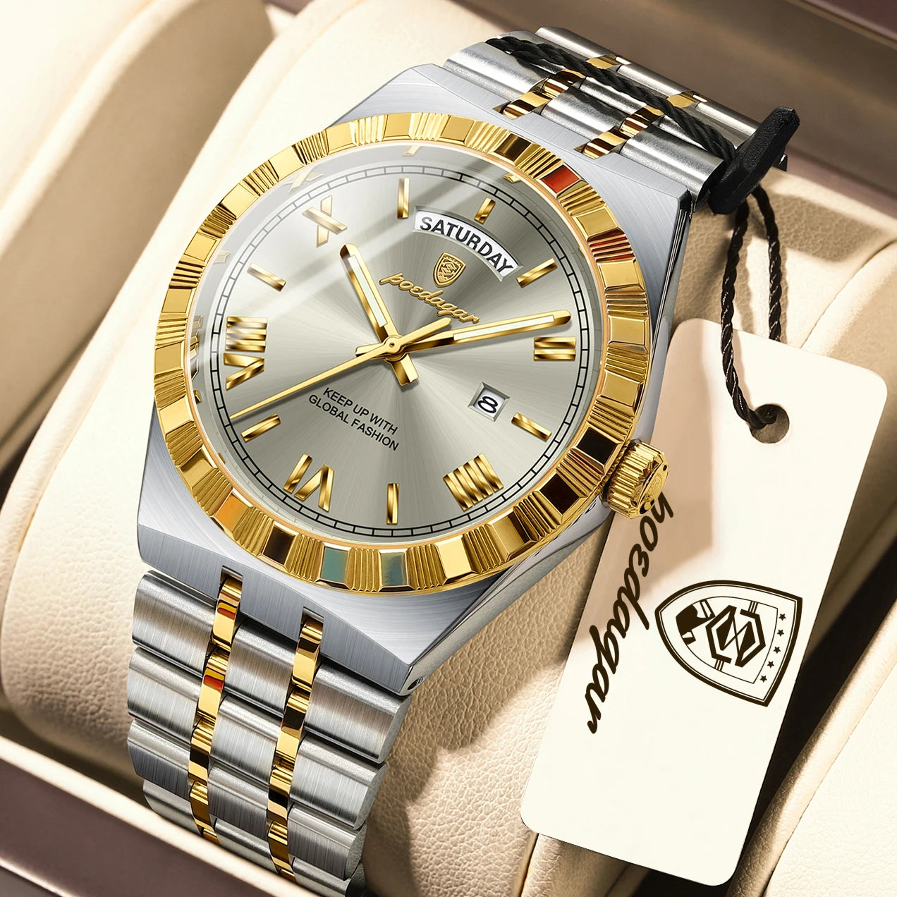 POEDAGAR Fashion Business Men's Watch Luminous Waterproof Week Date Luxury Man Wristwatch Stainless Steel Quartz Watches For Men Beauty World Shop