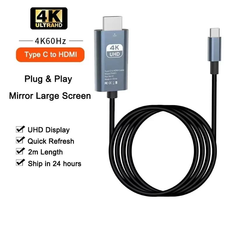 4K 60Hz HD Video Conversion Cable Typec to HDMI Same Screen Cable TV Computer 2 Meters Braided Screen Projection Cable Packaging Beauty World Shop