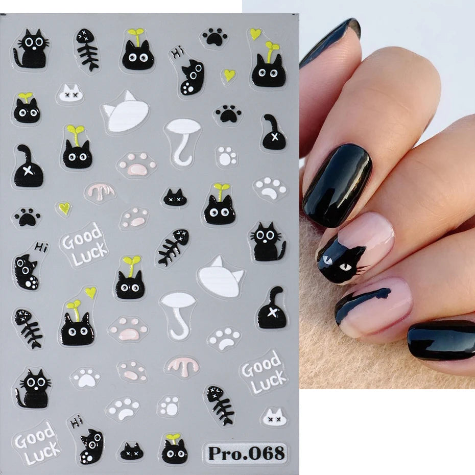 2pcs Black Cat Nail Stickers 3D Cute Cartoon Animal 3D Self-Adhesive Nail Art Decals Sliders Decorations Manicure Accessories Beauty World Shop