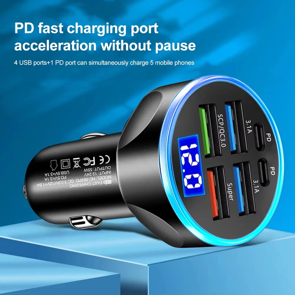 250W PD Car Charger QC3.0 Fast Charge two to Six Port Car Cigarette Lighter Plug Car Charger Flash Charge with Digital Display Beauty World Shop