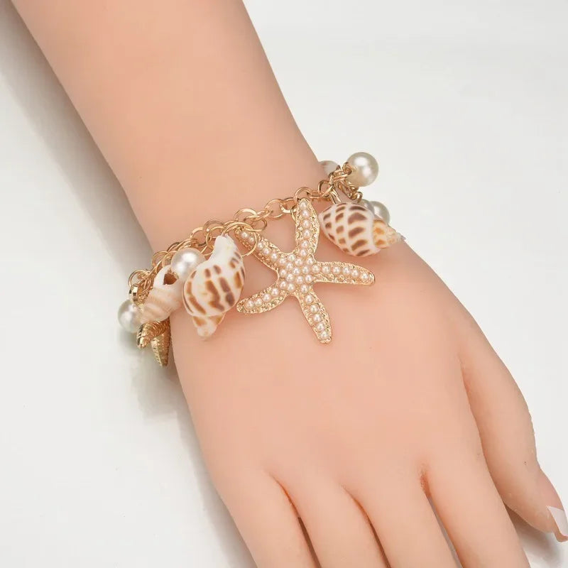 Cute Sweet Starfish Shell Conch Bracelet for Women New Personality Fashion Pearl Summer Beach Jewelry Holiday Party Accessories Beauty World Shop