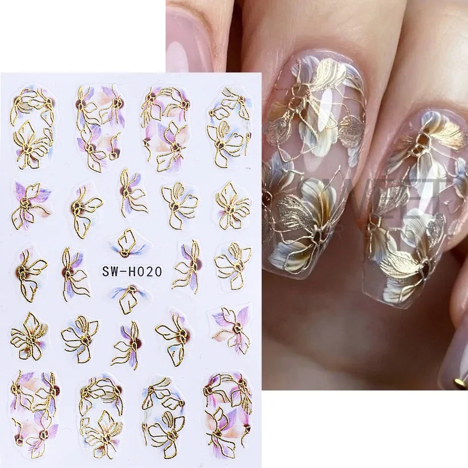 5pcs Metallic Gold Line Flower Nail Stickers 3D Bronzing Border Petals Sakura Leaf Nail Decals Slider DIY Elegant Manicure Decor Beauty World Shop