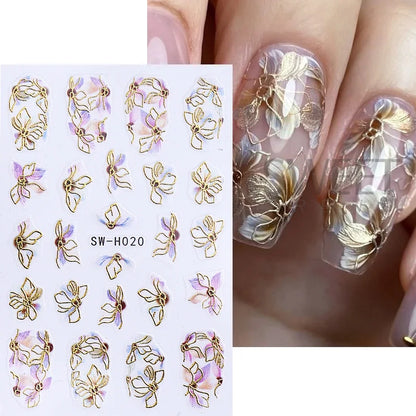 5pcs Metallic Gold Line Flower Nail Stickers 3D Bronzing Border Petals Sakura Leaf Nail Decals Slider DIY Elegant Manicure Decor Beauty World Shop