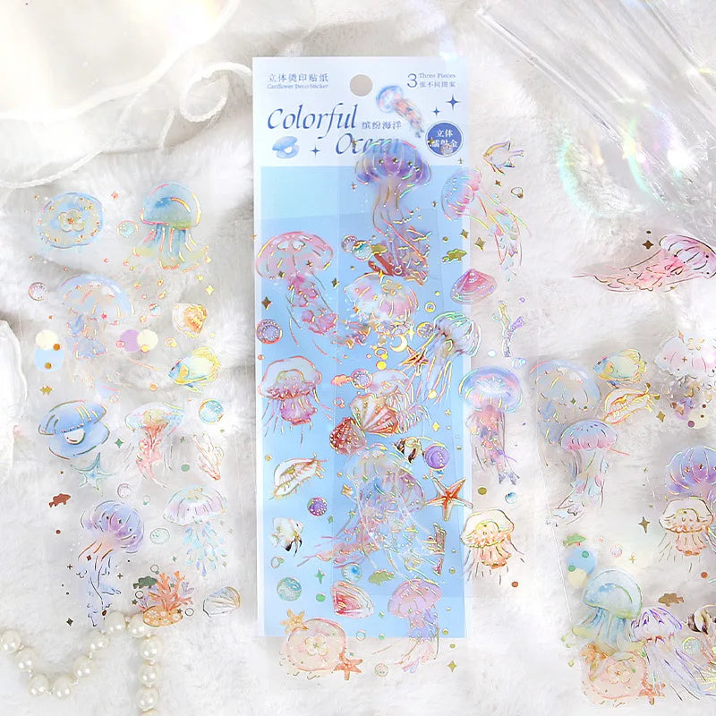 3pcs Kawaii Feather Dragonfly Bird Jellyfish Decorative Stickers Pack Scrapbooking Material Label Diary Phone Journal Planner Beauty World Shop