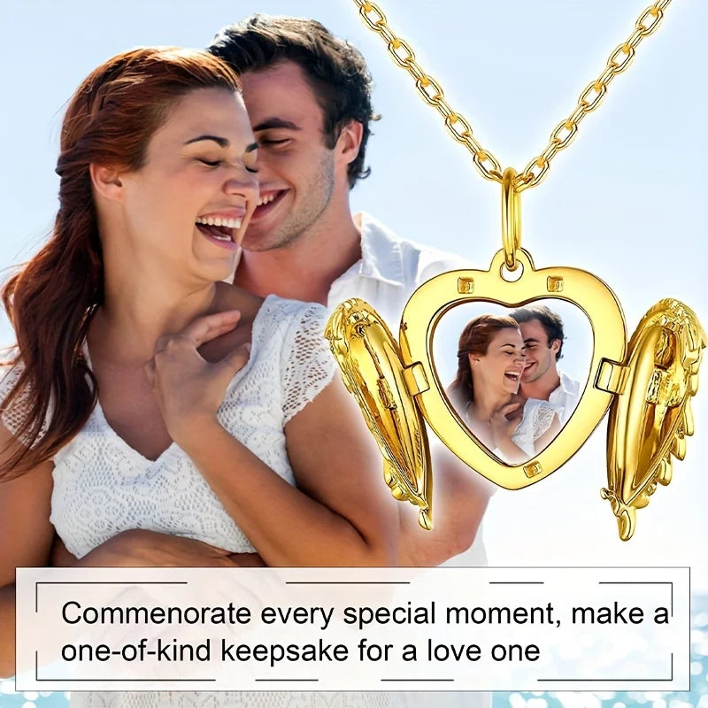 Custom Picture/photo Small Box Pendant Necklace, Personalized Angel Wing Small Box Pendant Men's Women's Necklace Christmas Gift Beauty World Shop