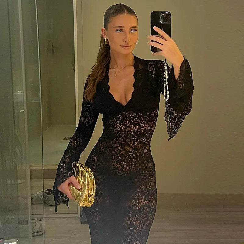 Cryptographic Lace Transparent Sexy Hollow Out Maxi Dress Elegant Outfits Women Flare Sleeve V Neck Dresses Party Club Vestido Beauty World Shop
