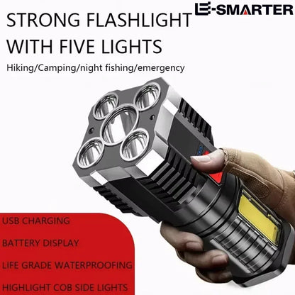 5LED High Power Led Flashlights Rechargeable Camping Spotlight with Side Light 3 Lighting Modes for Camping Adventure Outdoor Beauty World Shop