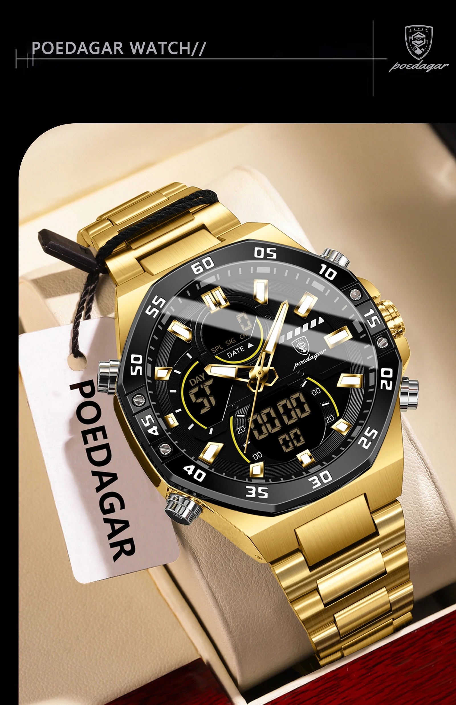 POEDAGAR Top Men Clock LED Luminous Waterproof Week Date Military Man Wristwatch Electronic Stainless Steel Quartz Men's Watches Beauty World Shop
