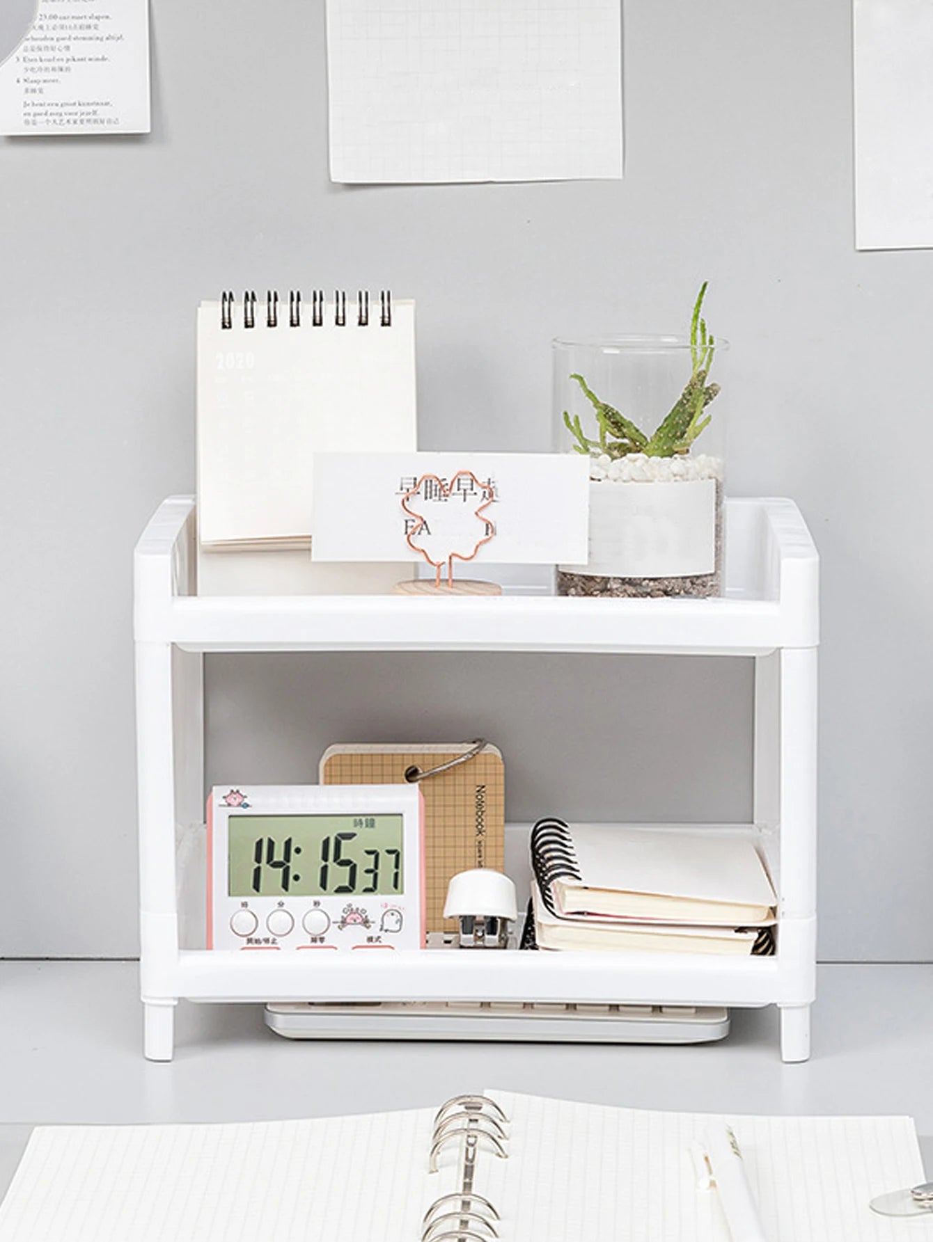 1PC PP Desktop Double Layer Storage Rack Rectangular White Organizing Student Desk Office Cosmetics Stationery Beauty World Shop