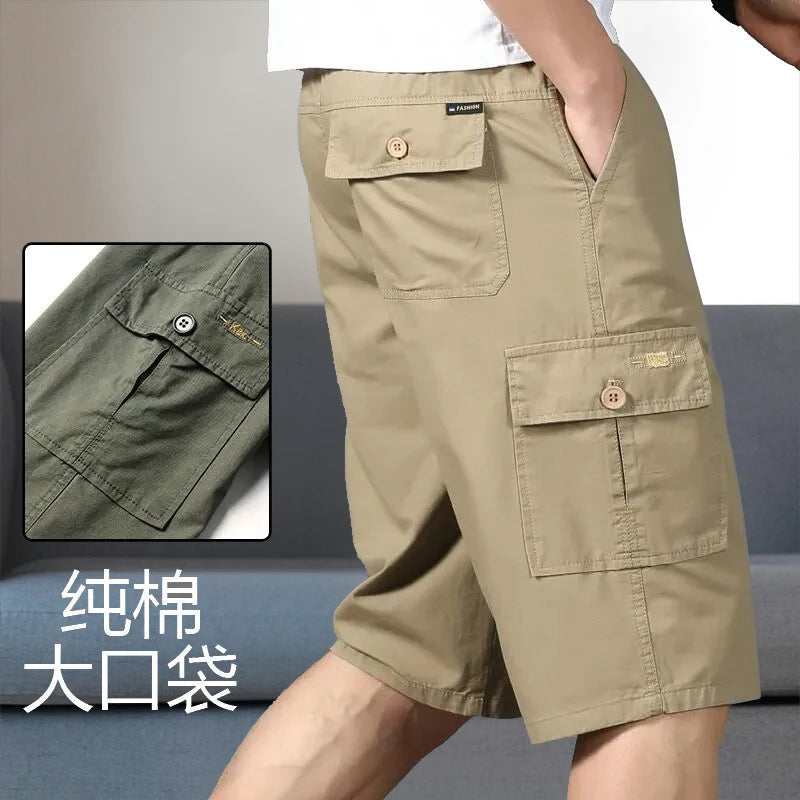 Mens Cargo Shorts Knee Pants Zipper Pocket Summer Cotton Shorts Climbing Jogger Elastic Waist Sports Wear Beauty World Shop