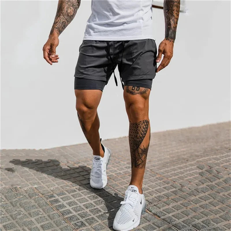 2025 NEW 2 IN 1 Sport Running Casual Breathable Shorts Men Double-deck Jogging Quick Dry GYM Shorts Fitness Workout Men Shorts