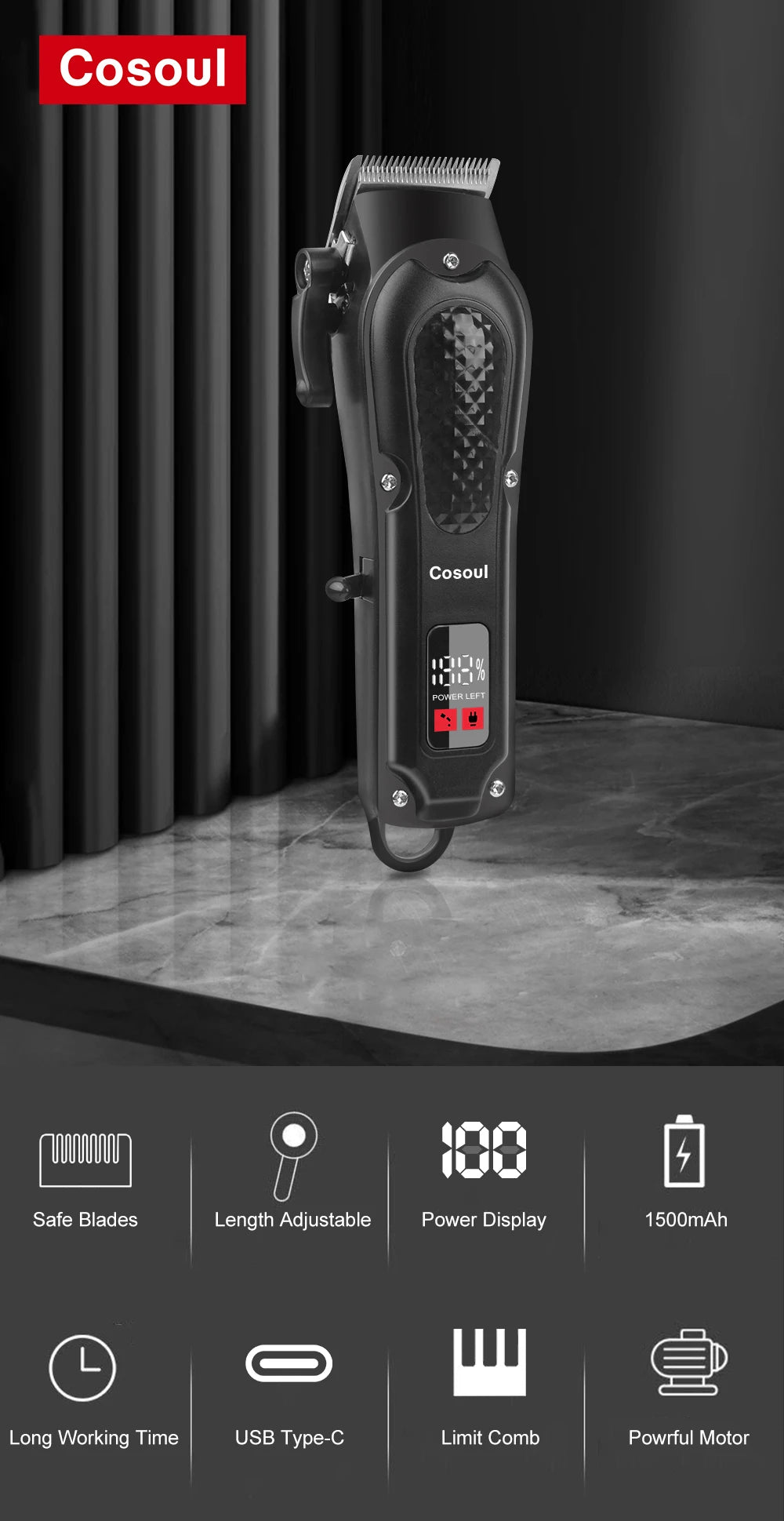 Cosoul Hair Clipper Compact Size Hair Trimmer Electric Beard Trimmer LED Display Hair Length Adjustable Big Capacity Battery Beauty World Shop