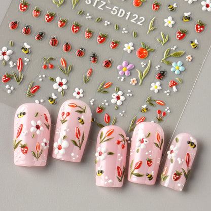 5D Embossed Kawaii Ladybug Sliders Spring White Daisy Flowers Nail Stickers DIY Simple Petals Wedding Nails Decals Accesories Beauty World Shop