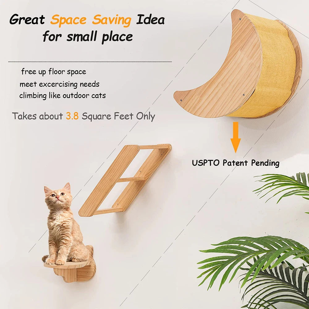 Cat Wall Hiding House Hammock Climbing Shelves Moon Perches Bed Ladder Solid Wood Steps For Activity Indoor Cats Wall Furniture Beauty World Shop