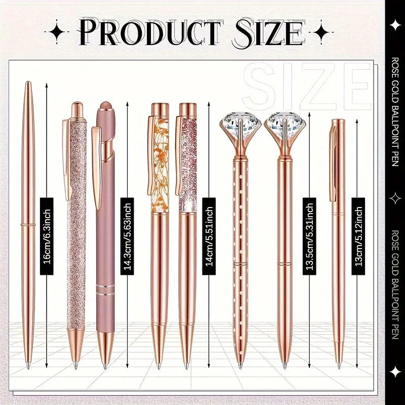 8pcs Rose Golden Ballpoint Pen Set - Stylish Metal Pens with Crystal Accents - Perfect for Students, Office, Gifts, and Weddings Beauty World Shop
