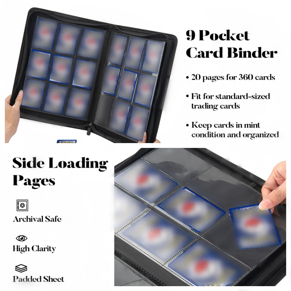 9 Pocket Zipper Card Binder, 360 Trading Card Holder Book, Premium PU Cover Zip Binder for Cards, Durable Side Loading Card Beauty World Shop