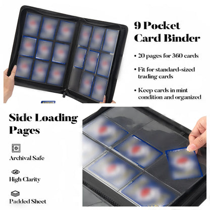9 Pocket Zipper Card Binder, 360 Trading Card Holder Book, Premium PU Cover Zip Binder for Cards, Durable Side Loading Card Beauty World Shop