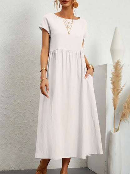 Women Elegant Solid Maxi Dress Summer Short Sleeve O Neck Vintage Harajuku Cotton Linen Loose Sundress Y2K Pockets Long Dress Beauty World Shop