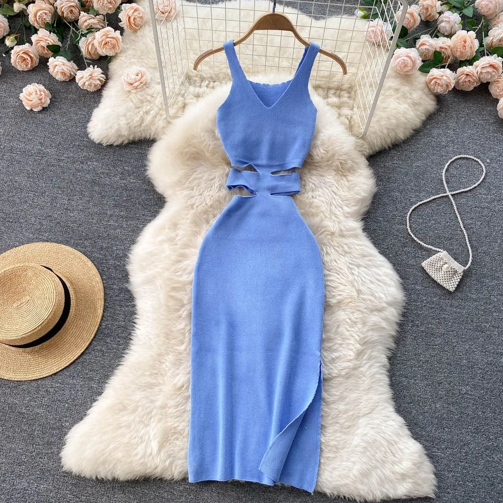 YuooMuoo Women Dress Sexy Cut Out Waist Package Hips Split Bodycon Dress Summer Fashion Lady Knitted Party Vestidos Sundress Beauty World Shop